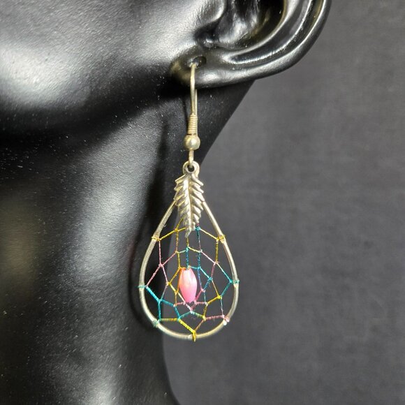 Unmarked Jewelry - Dreamcatcher Dangle Earrings Multicolor Web Pink Bead Silver Tone Teardrop Boho